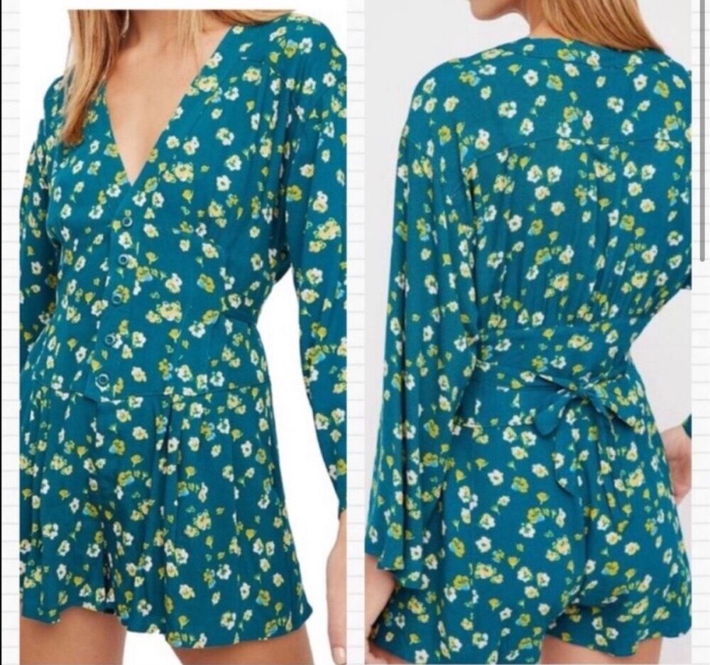 Free People L’amour Floral Printed Green Ruffle Romper Playsuit Size 0 Size XS